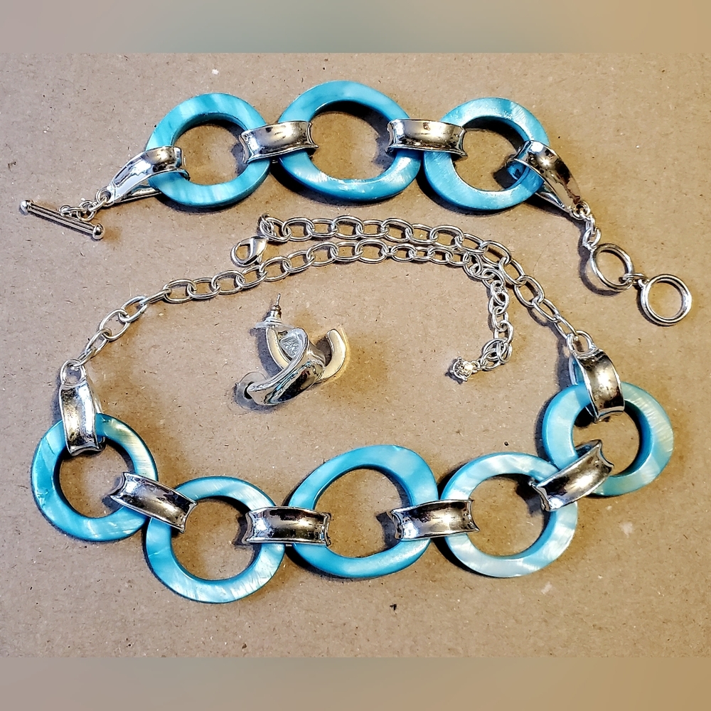 Aqua and Turquoise tone marbled enamel and silver set